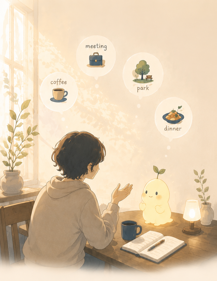 Kaiに今日の出来事を話している様子のイラスト
