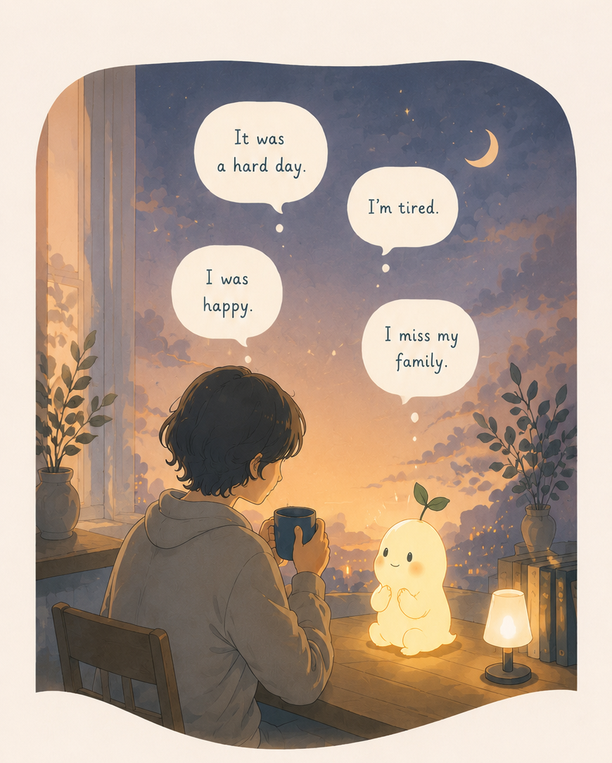 夜の窓辺でKaiに正直な気持ちを話している様子のイラスト