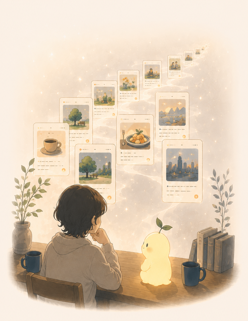 過去の日記が光の中に積み重なっていくイラスト